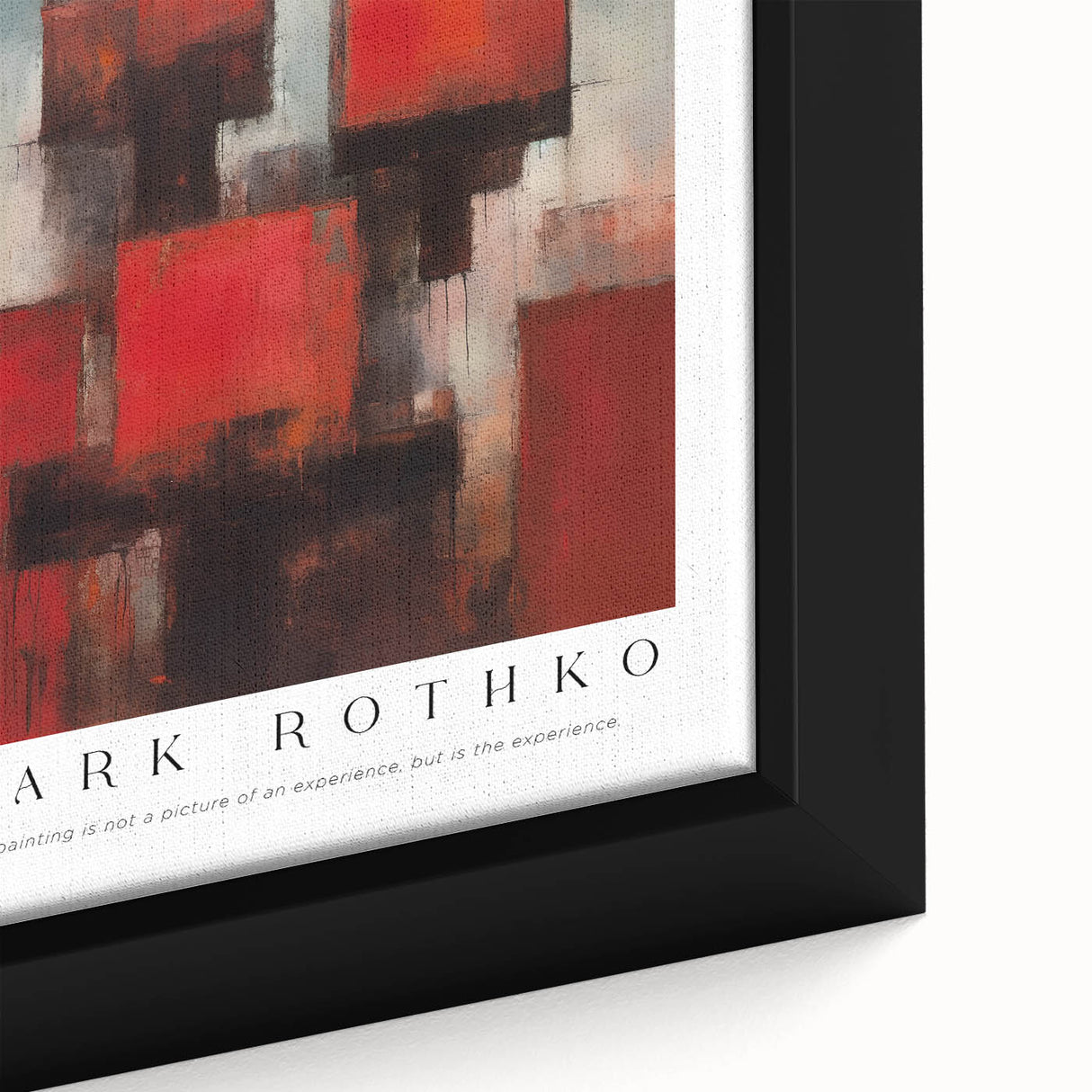 Close-up of a large framed canvas featuring black textured art with vibrant colorful accents, ideal for living room decor.