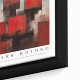 Close-up of a large framed canvas featuring black textured art with vibrant colorful accents, ideal for living room decor.