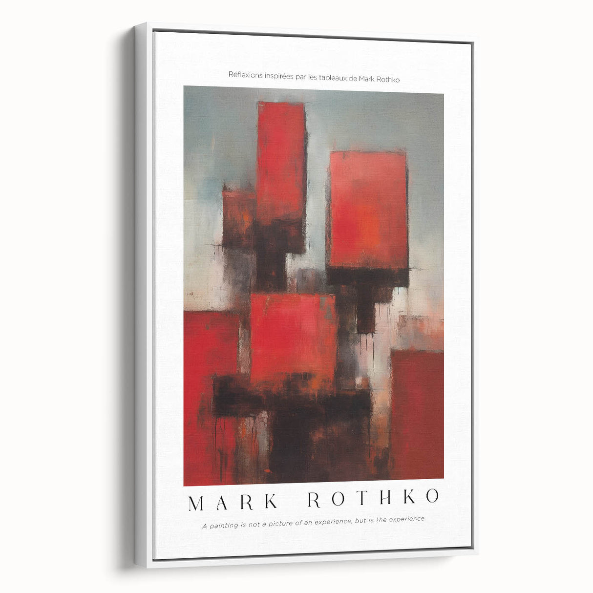 Vintage poster art featuring a Rothko-inspired abstract design in vibrant red and black on a large framed canvas.