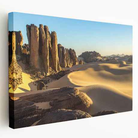 Side view of a stretched canvas depicting an Algerian landscape in earthy tones, ideal for kitchen wall art.