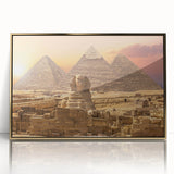Mid-century modernist art of Egyptian scenery in gold and blue tones on a framed acrylic, suitable for nursery wall decor.