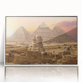 Large art print of an Egyptian landscape featuring pyramids, in muted earth tones on framed acrylic.