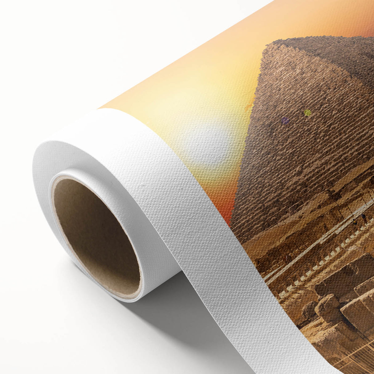 Art deco poster of Egyptian scenery on rolled canvas, featuring muted earth tones, ideal for nursery wall art.