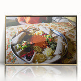 Mid-century modernist art depicting an Ethiopian landscape in acrylic, framed in gold, suitable for nursery wall art.