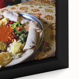 Extra large framed canvas featuring a textured, colorful Ethiopian landscape, ideal for living room decor.