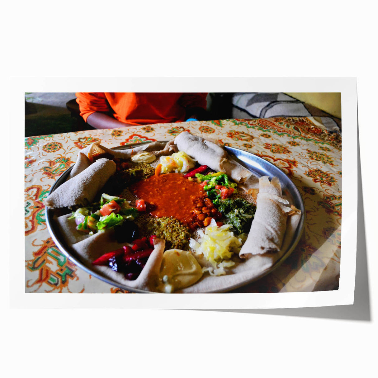Ethiopian landscape on rolled print, featuring a serene floral scene in earth tones, ideal for art wall dining room.