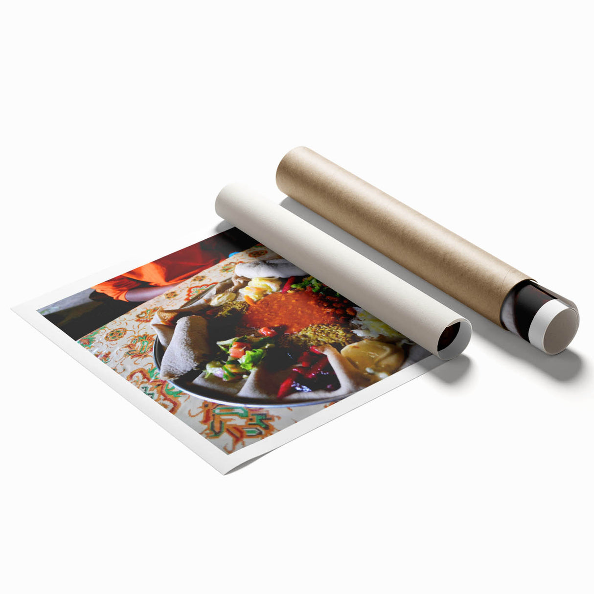 Extra large rolled canvas print depicting vibrant floral art set in an Ethiopian landscape.