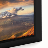 Close-up of extra large framed canvas featuring a textured black wall art scene of African scenery in vibrant colors.