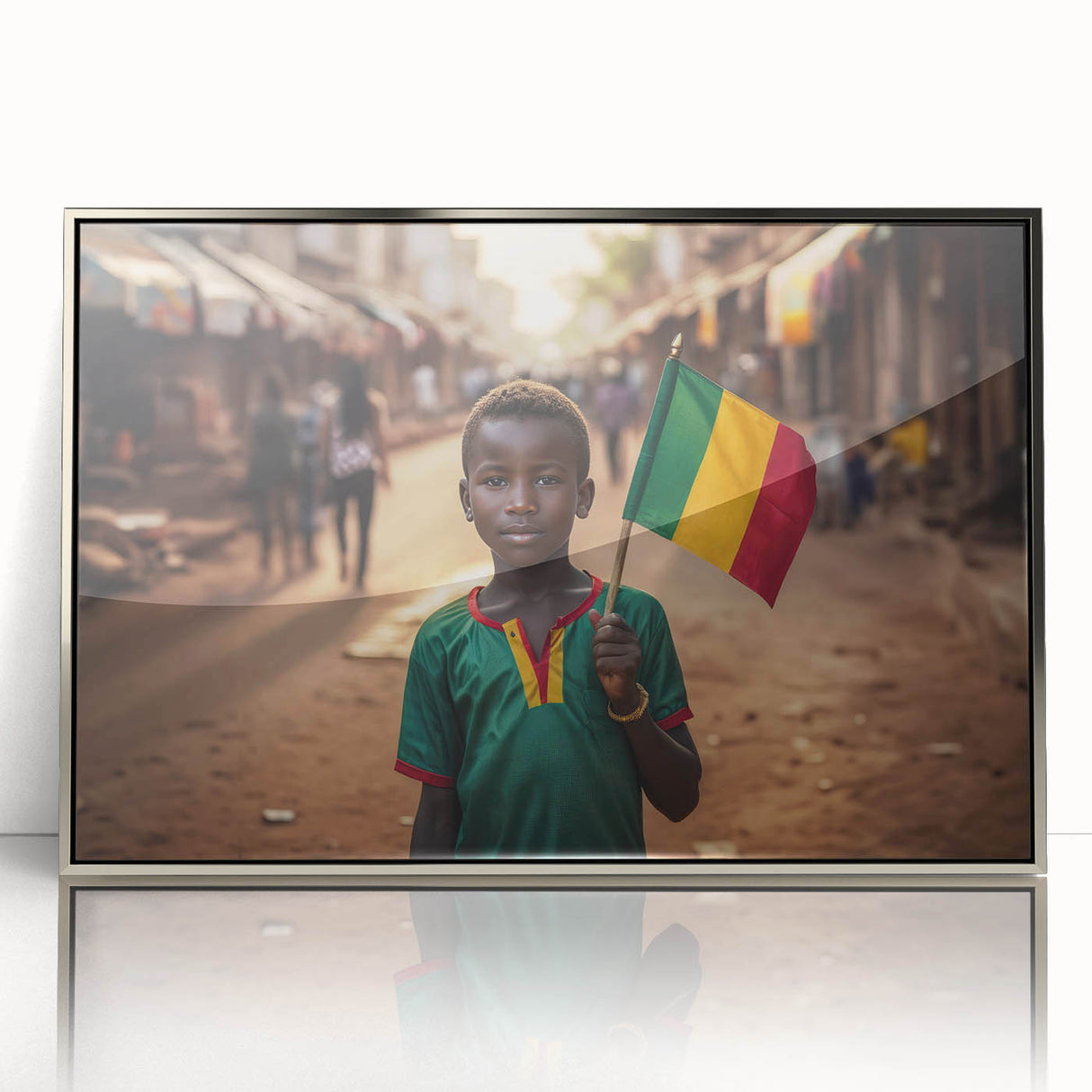 Acrylic print of Mali scenery in art deco style with silver frame, featuring earth tones, ideal for modern art wall decor.