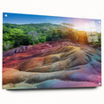 Large abstract wall art depicting a Mauritian landscape in muted earth tones, acrylic glass format.