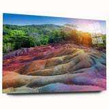 Acrylic print of a large abstract depiction of Mauritian scenery in vibrant blue and green tones.