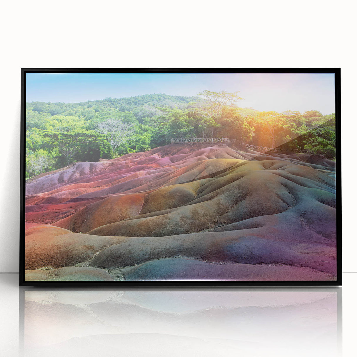 Large abstract wall art depicting a scenic Mauritius landscape in vibrant colors, framed in black acrylic.