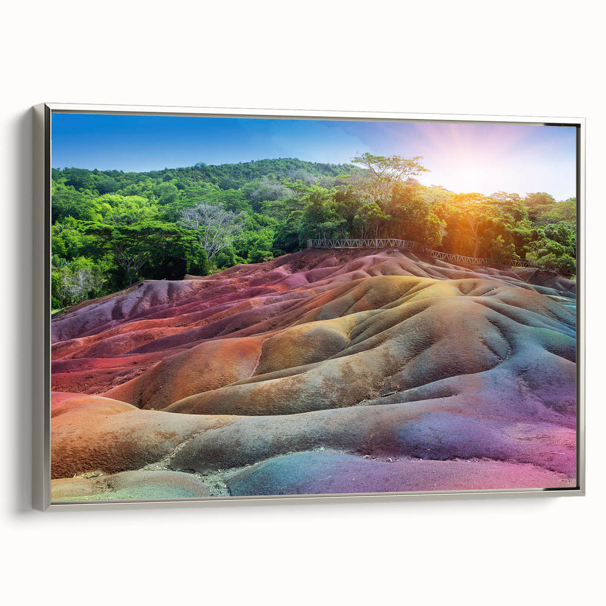 Vintage poster art of a Mauritius scenery on framed canvas, featuring vibrant colors, ideal for living room decor.