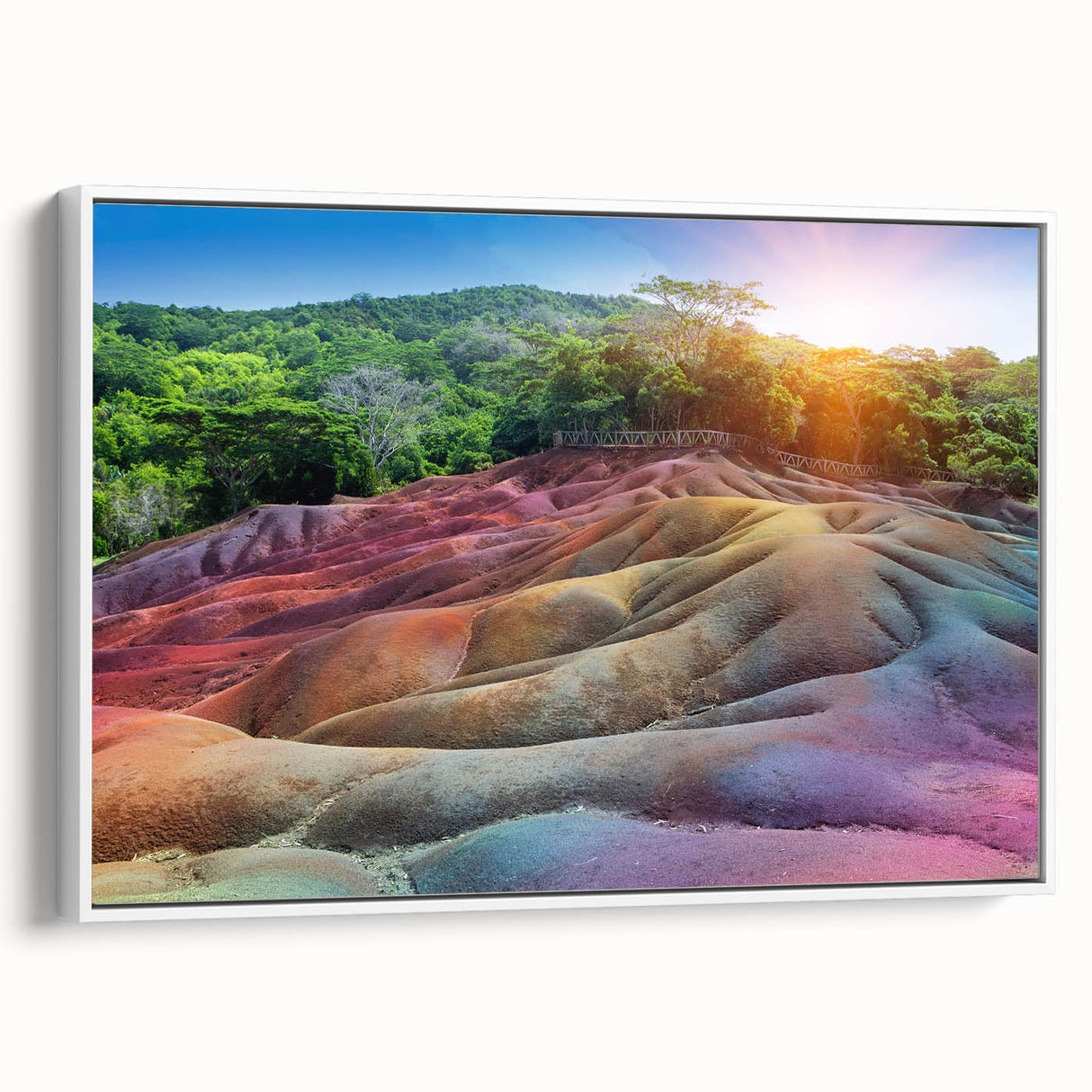 Framed canvas featuring a black and white vintage landscape of Mauritius, ideal for bedroom wall art.