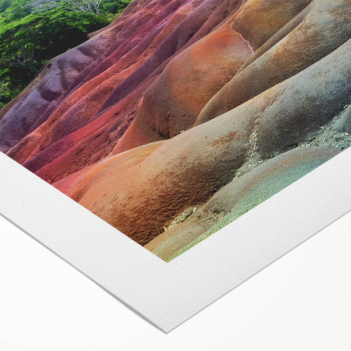 Art deco poster featuring a serene Mauritius landscape in soft blue and green tones on rolled canvas.