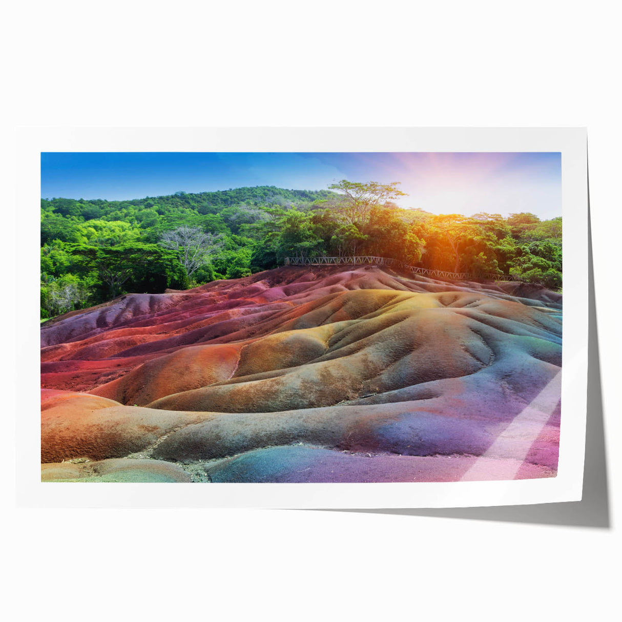 Extra large rolled print of a Mauritius landscape with vibrant green and blue tones, ideal for dining room wall art.