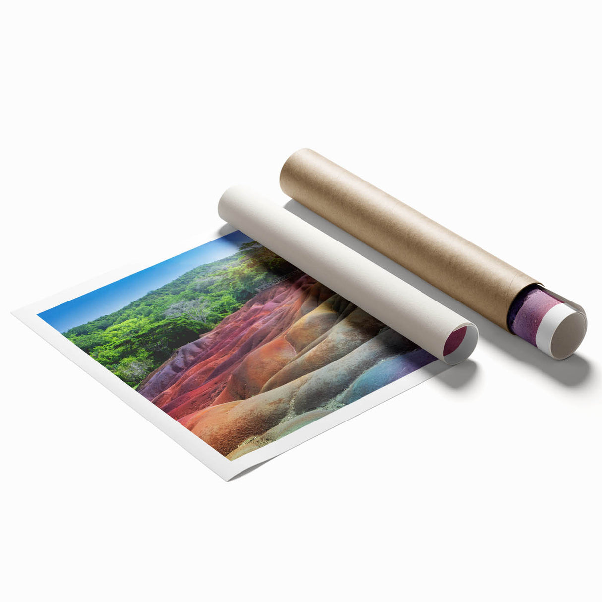 Extra large rolled print of a serene Mauritius landscape with lush greenery and floral elements.