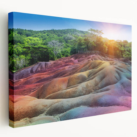 Side view of a stretched canvas depicting a scenic Mauritius landscape in vibrant green and blue tones.