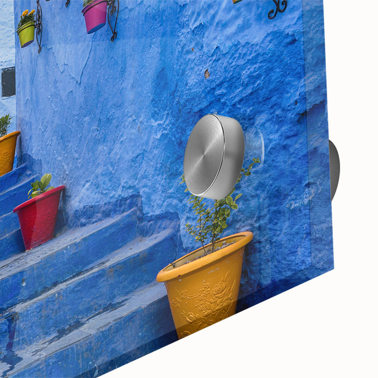 Large abstract wall art featuring Moroccan scenery in earth tones on acrylic glass, suitable for dining room ambiance.