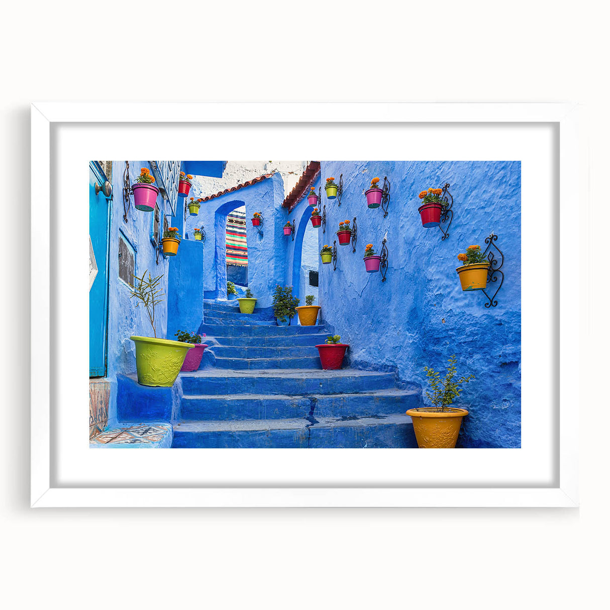 Extra large abstract art print of Moroccan scenery in textured style, framed in white, ideal for living room decor.