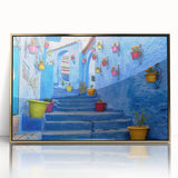 Mid-century modernist art depicting a Moroccan landscape in muted earth tones on a framed acrylic panel.