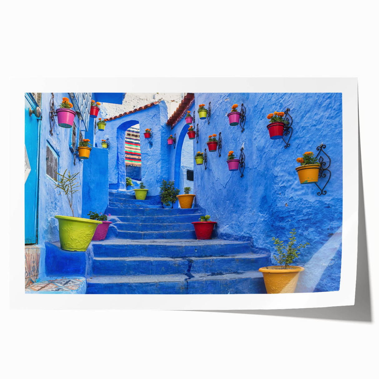 Extra large rolled print depicting a Moroccan scenery with vibrant floral elements, ideal for dining room wall art.