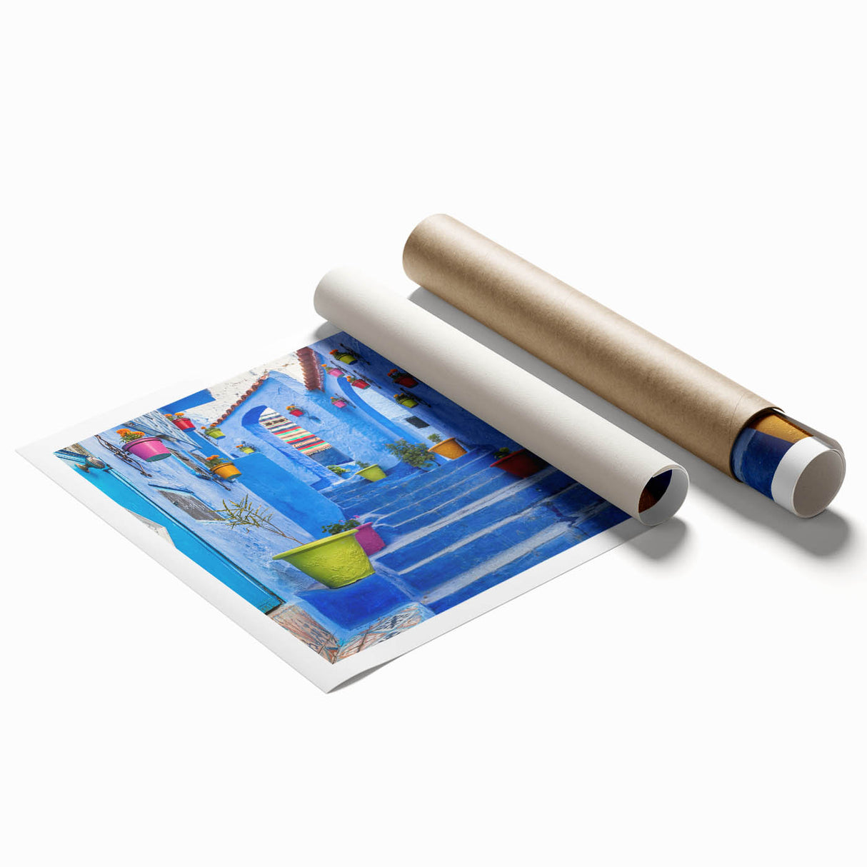 Extra large rolled print of a Moroccan landscape with vibrant floral elements, ideal for classy bathroom wall art.