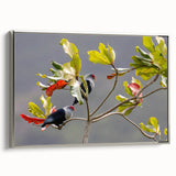 Framed canvas featuring a colorful landscape painting of Seychelles with silver frame, ideal for living room decor.