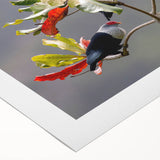 Art deco poster of Seychelles scenery on rolled canvas, featuring vivid blue and green tones.