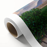 Art Deco style poster of a South African landscape on rolled canvas, featuring muted earth tones, ideal for nursery wall art.