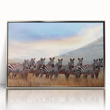 Mid-century modernist art depicting an abstract African savannah scene in earth tones on a framed acrylic print.