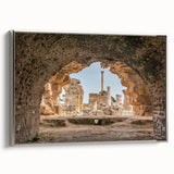 Framed canvas landscape art painting depicting a colorful Tunisian scenery, ideal for enhancing a living room's decor.