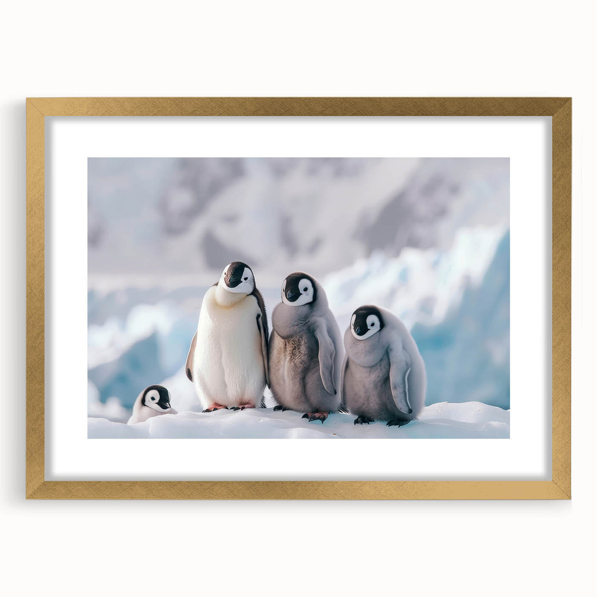 Extra large abstract art print of Antarctic scenery in textured style, framed with a gold mat, perfect for living room decor.