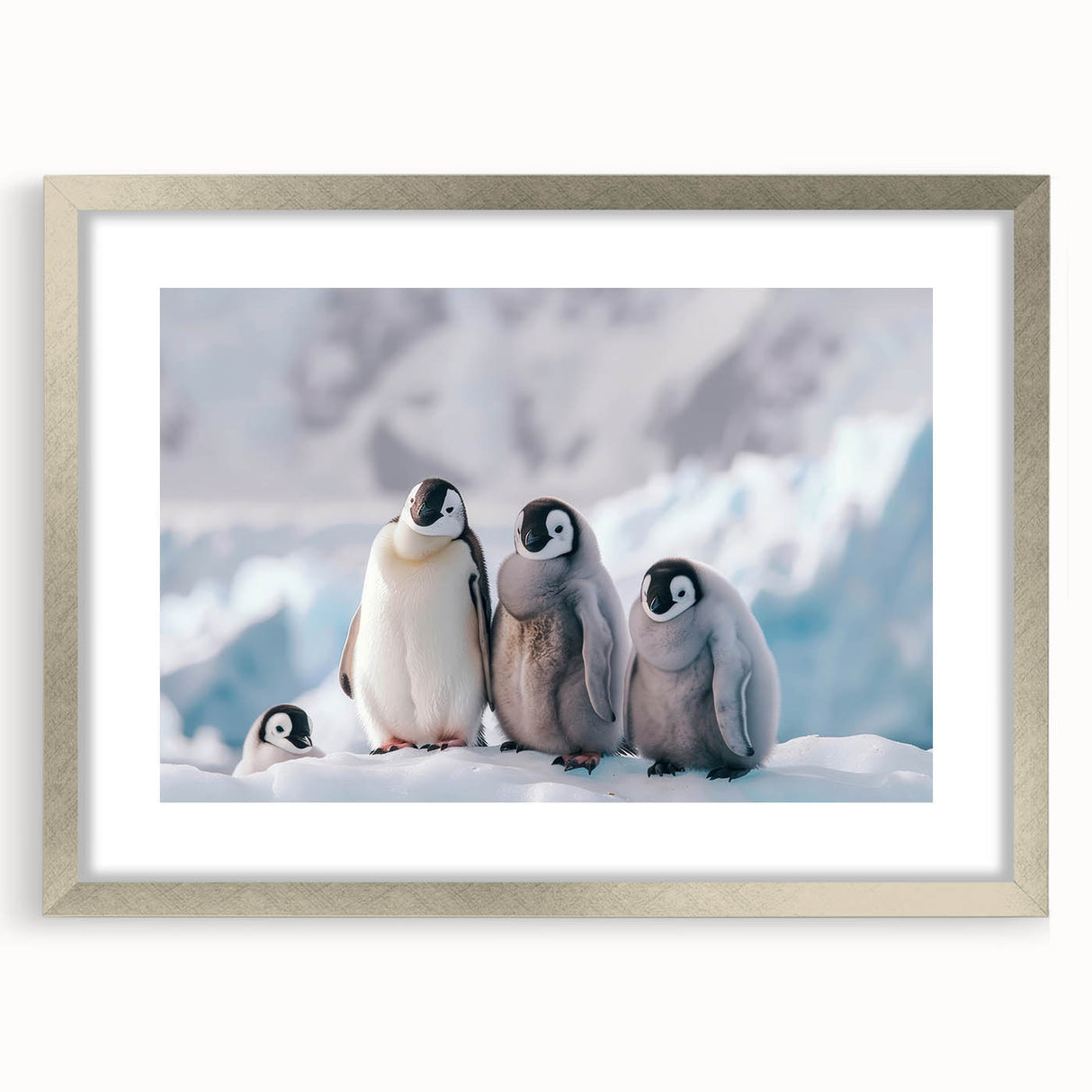 Textured abstract art print depicting a serene Antarctic landscape in muted blue and white tones, framed with a silver mat.