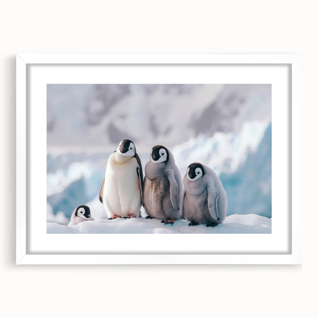 Abstract art print of an Antarctic landscape in muted blue and white tones, framed with a white mat.