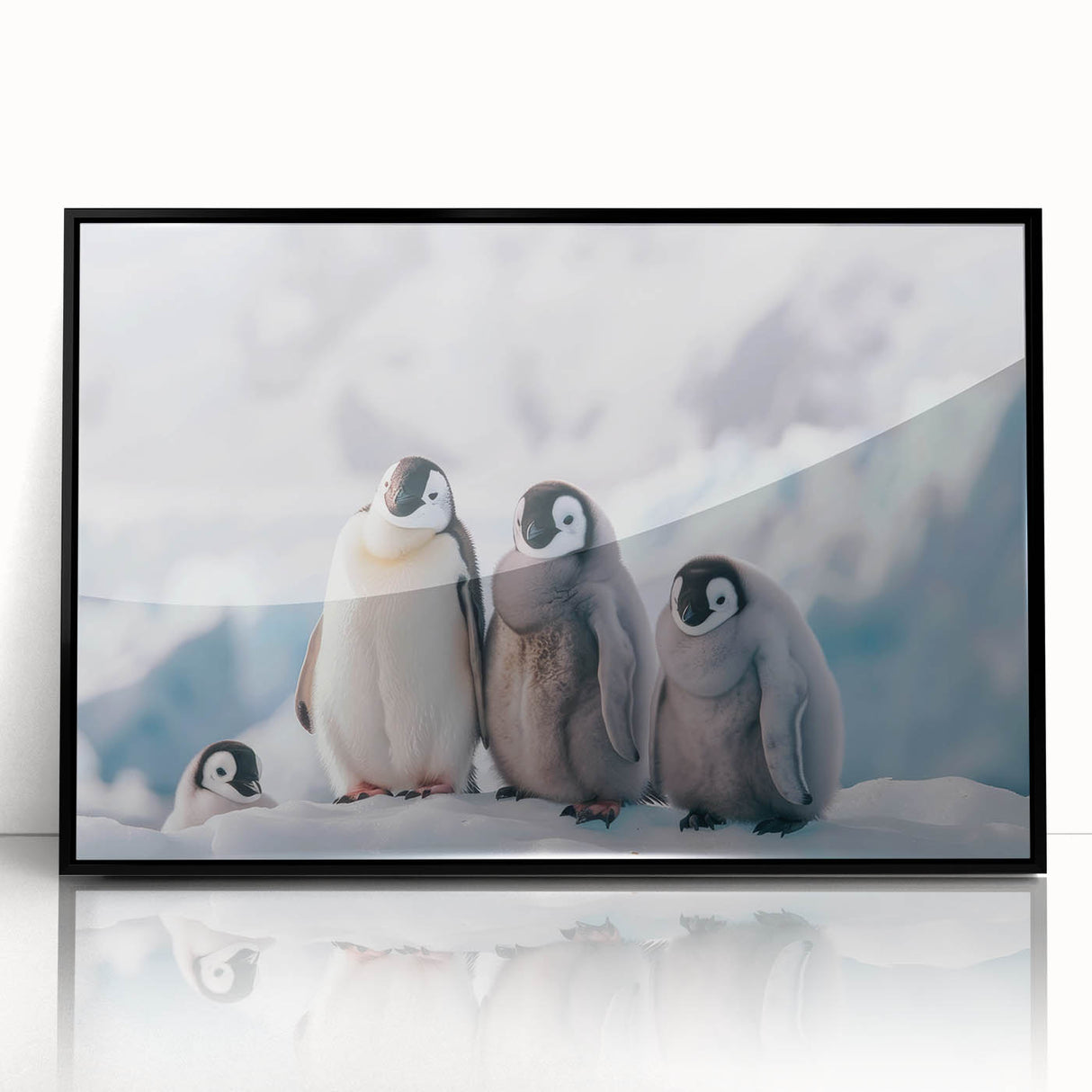 Large abstract wall art depicting an icy Antarctic landscape in muted blue and white tones, framed in black acrylic.