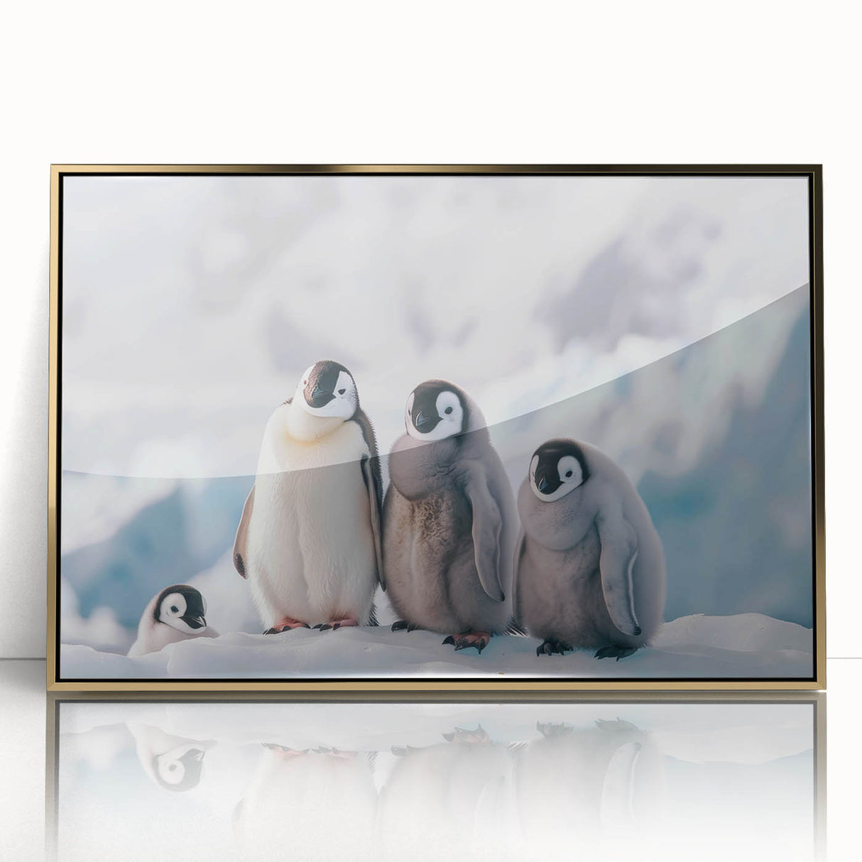 Large art print of an Antarctic landscape in muted blue and white tones, framed in gold acrylic.