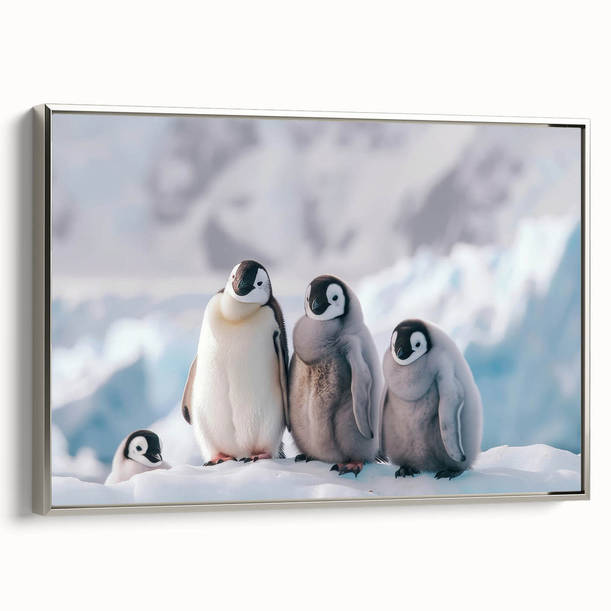 Framed canvas featuring a vintage-style landscape art painting of Antarctica with a silver frame.