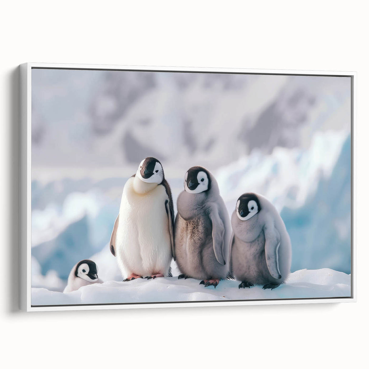 Vintage poster art of Antarctica scenery on framed canvas, featuring a palette of cool blues and whites.