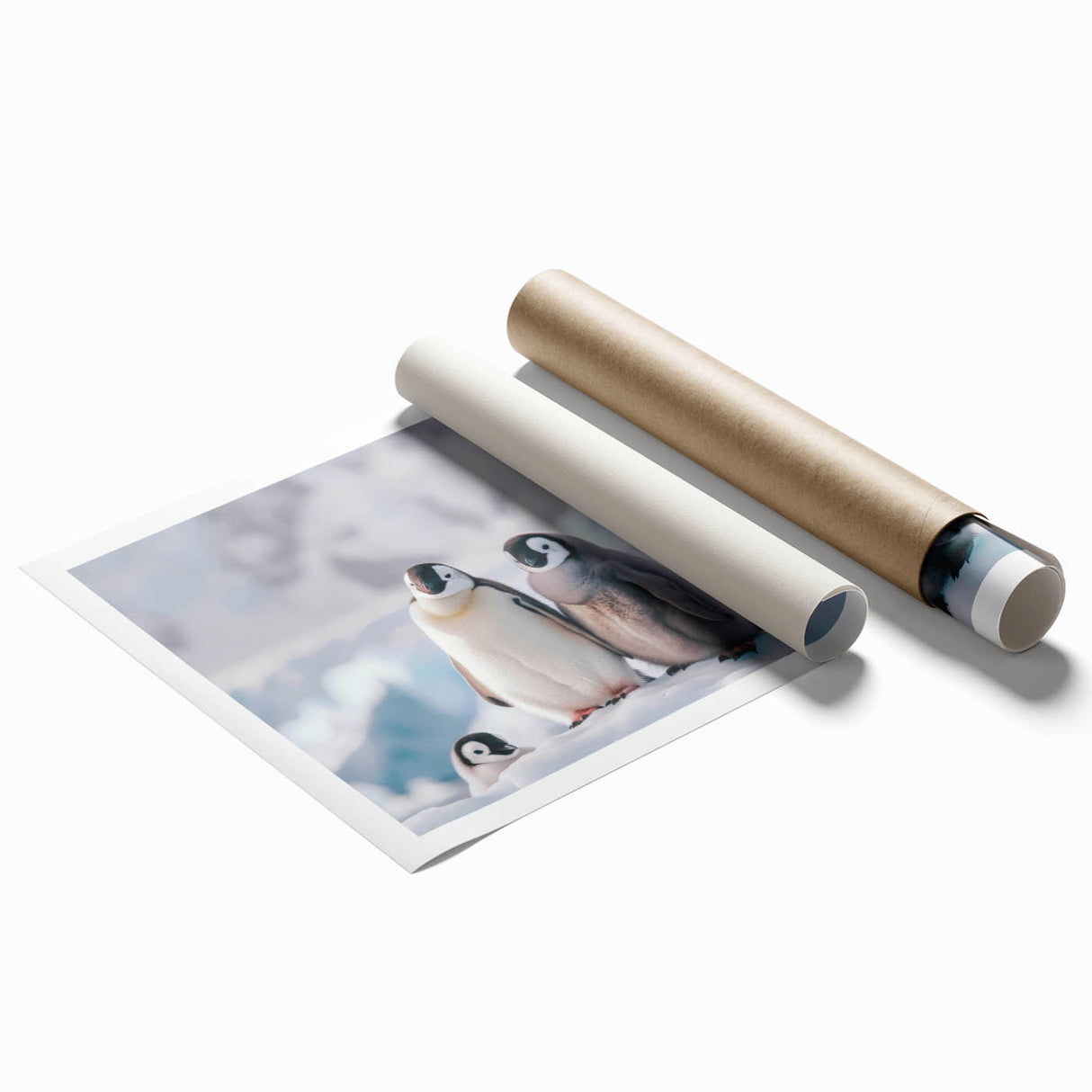 Antarctic landscape on rolled print, featuring icy scenery in muted blue and white tones.
