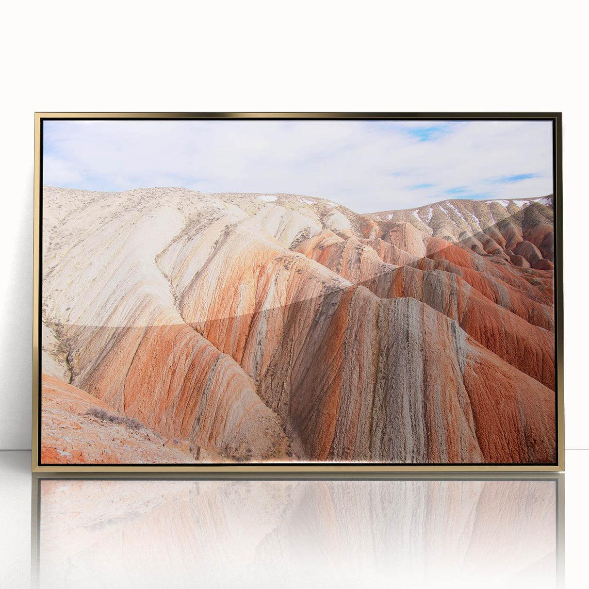 Acrylic print of an Asian-Azerbaijani landscape in gold frame, featuring mid-century modernist style.