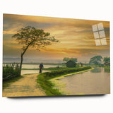 Large abstract wall art featuring a serene Bangladesh landscape in muted greens and blues on acrylic glass.
