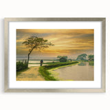 Textured abstract art print of a serene Bangladesh scenery in muted earth tones on a framed silver mat.