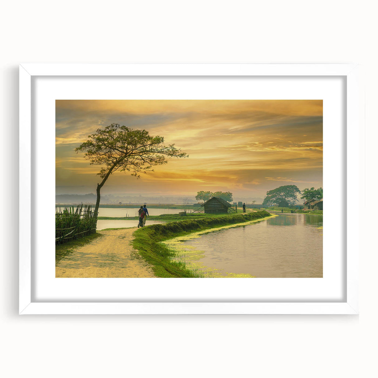 Abstract art print of a Bangladesh landscape in muted earth tones, framed with a white mat, suitable for dining room decor.