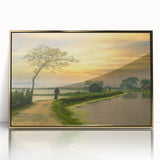 Large art print of a mid-century modernist Bangladesh scenery in gold tones on framed acrylic.