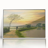 Art deco poster of a serene Bangladesh landscape in pastel shades, framed in white acrylic.