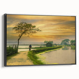 Black and white landscape painting of a rural Bangladeshi scene on a framed canvas, suitable for bedroom decor.