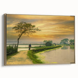 Framed canvas featuring a vintage-style landscape painting of a serene Bangladesh scenery, ideal for bedroom wall art.