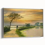 Landscape art painting of a Bangladesh scenery on a framed canvas, featuring vibrant colors against a black background.