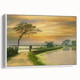 Vintage poster art of a Bangladesh scenery on framed canvas, featuring vibrant colors and black accents.
